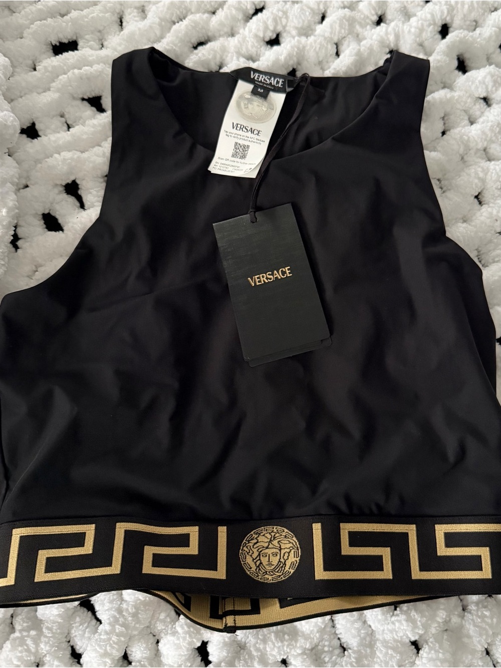 Versace Black Crop Top with Gold Greek Key Band